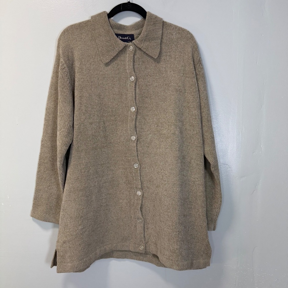 Denim & Co Vintage Chenille Cardigan Sweater Tan Neutral Cozy 1X NWT A40602